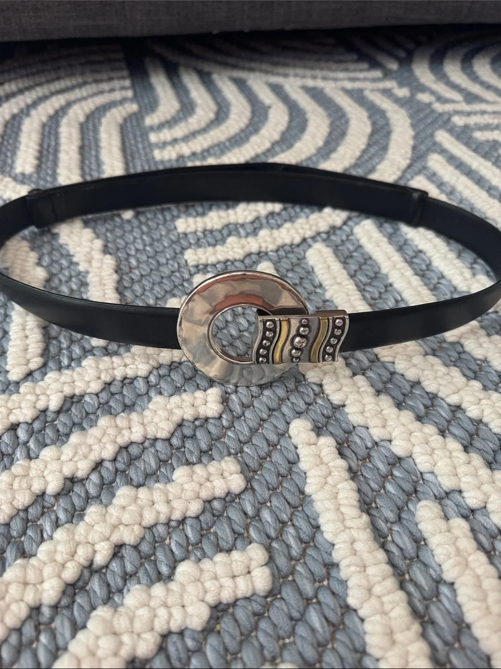 Vintage Chicos Leather Adjustable Belt Mixed Metal Statement Buckle Boho Art